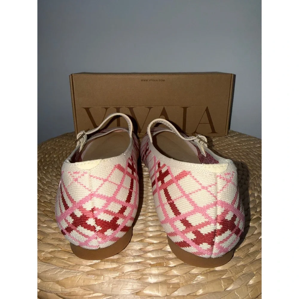 VIVAIA Square Toe Knit  Flats Pink Plaid Buckle Strap Shoes size‎ EU/41 US/9.5